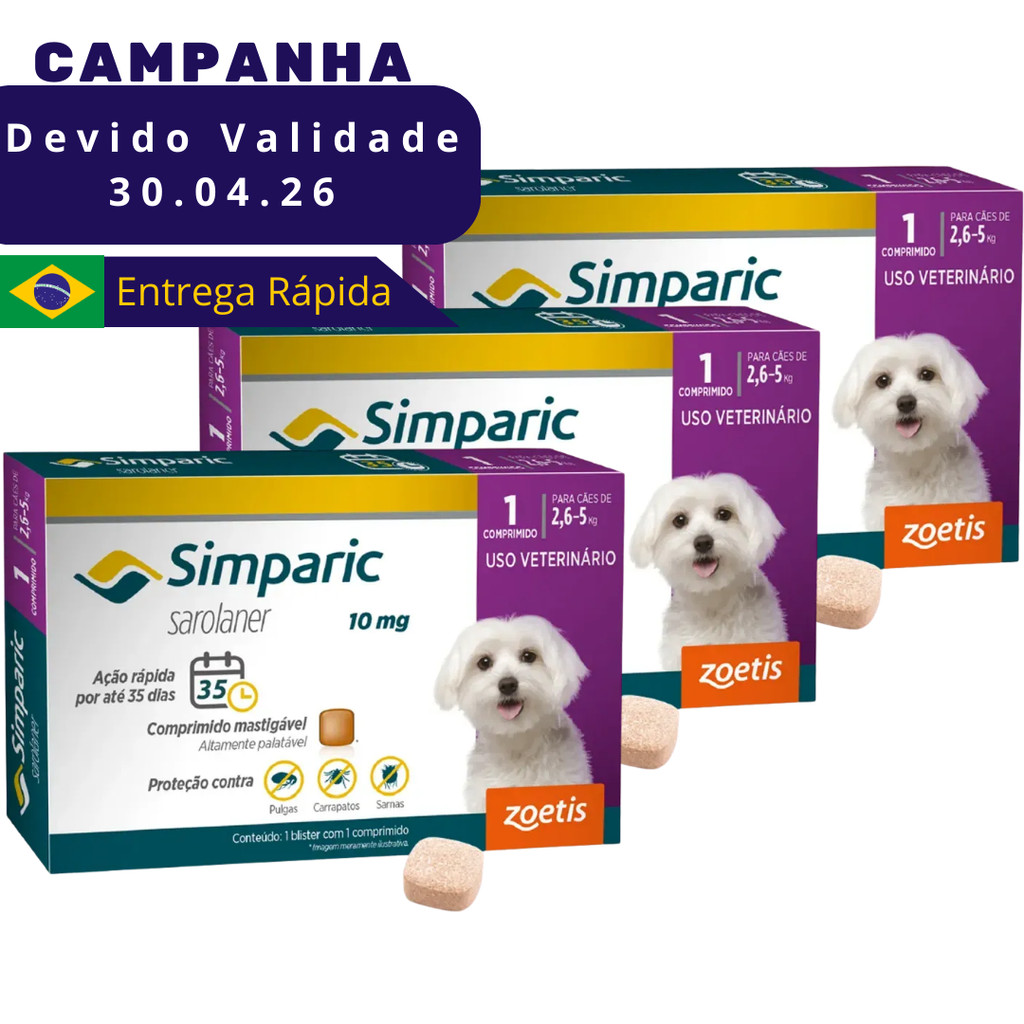 Kit 3 Caixas Simparic Cães De 2,6 A 5 kg Antipulgas Carrapatos Sarnas 1 Comprimido VENC ABR26 em Oferta na Shopee