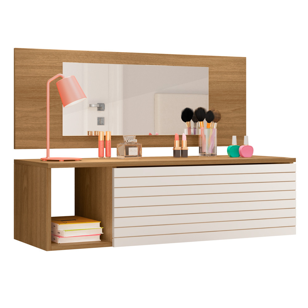 Penteadeira Mesa de Maquiagem Joy Suspensa 01 Gaveta com Espelho Nature Branco - Desk Design