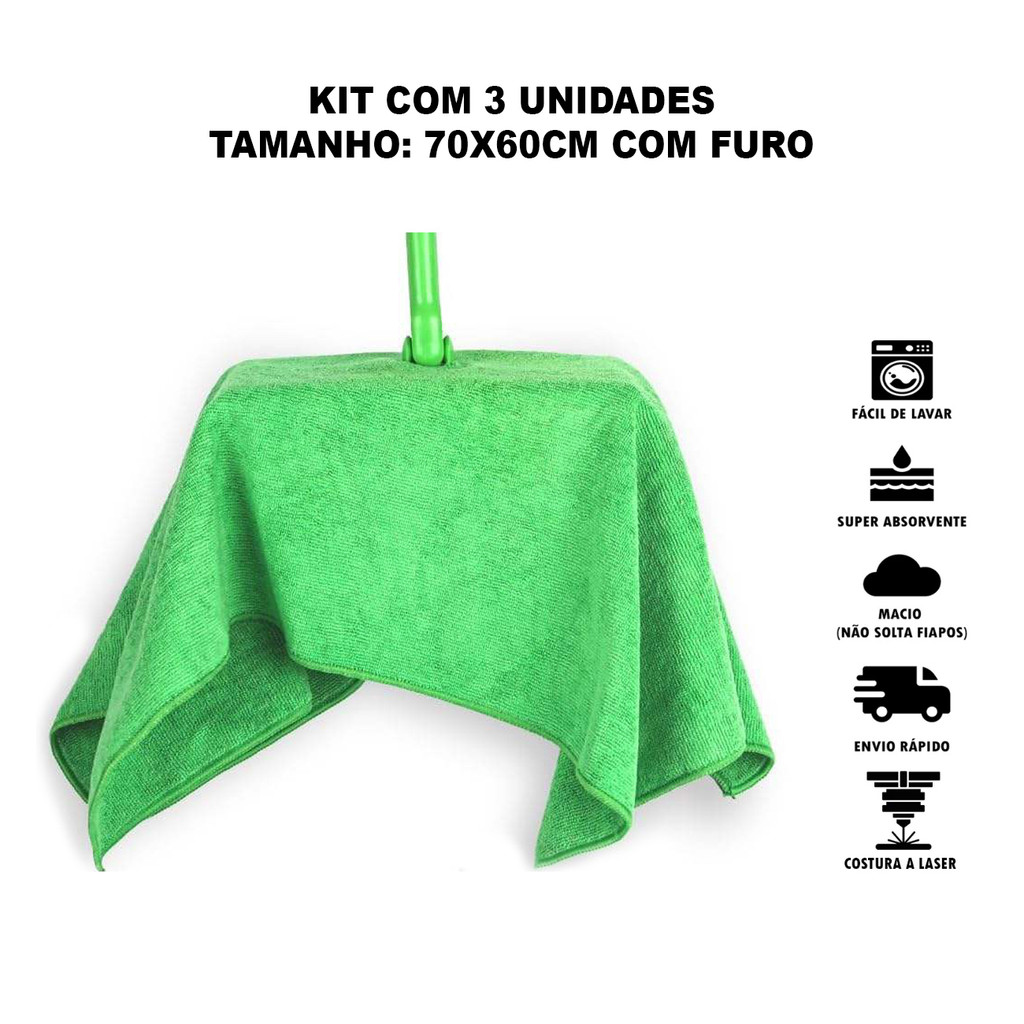 Kit 3 Panos de Chão Microfibra 60x70cm Furo para Rodo Dupla Camada em Oferta na Shopee