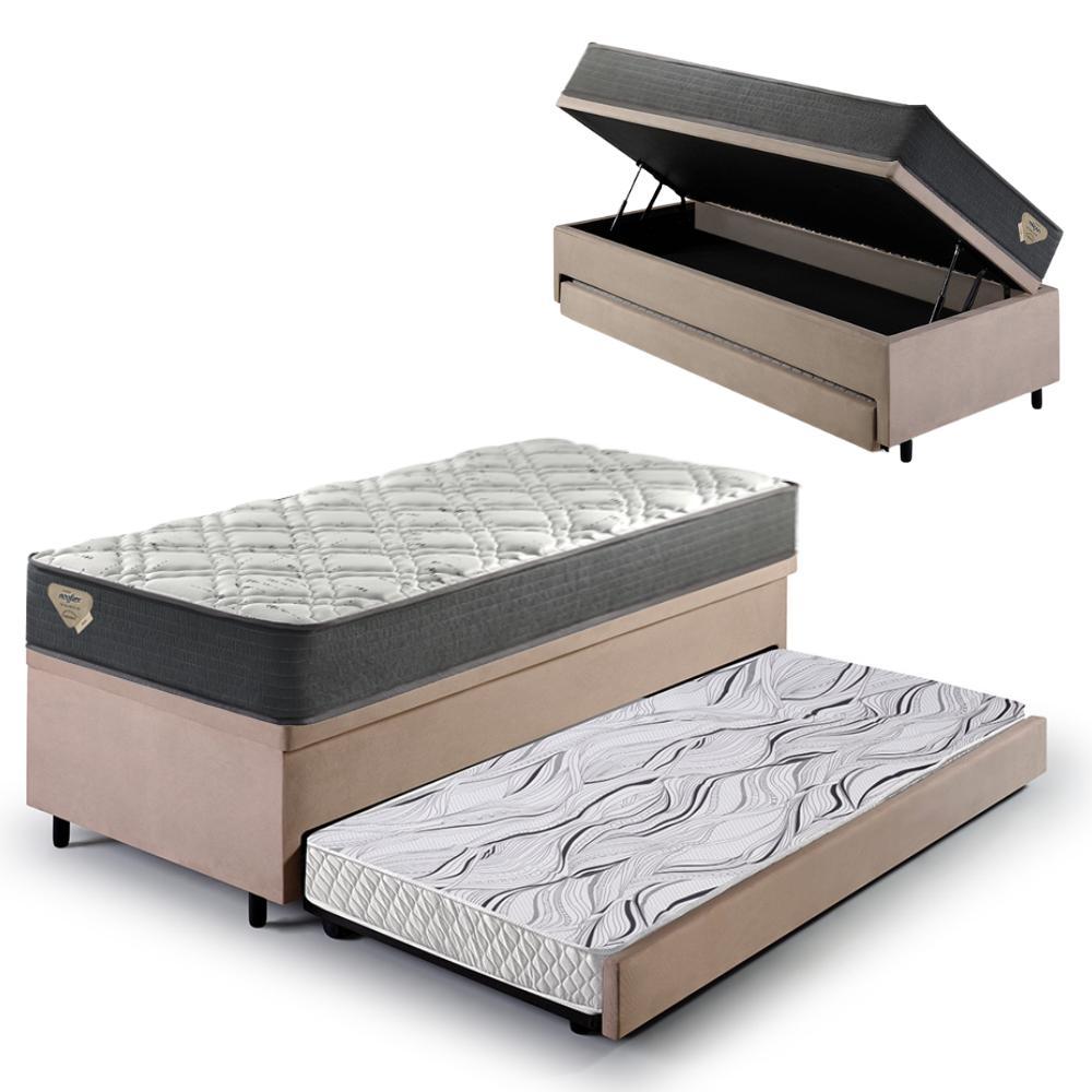 Bicama Box Baú Viúva 120x203 Suede Bege com Colchão Adapto Molas Ensacadas Ecoflex
