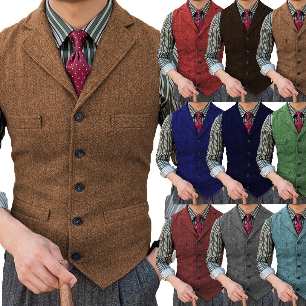 Colete Masculino Fino Ajuste Ternos Espinha De Peixe Tweed Entalhe Lapela Lã Negócios Casual Grossmen Para Casamento
