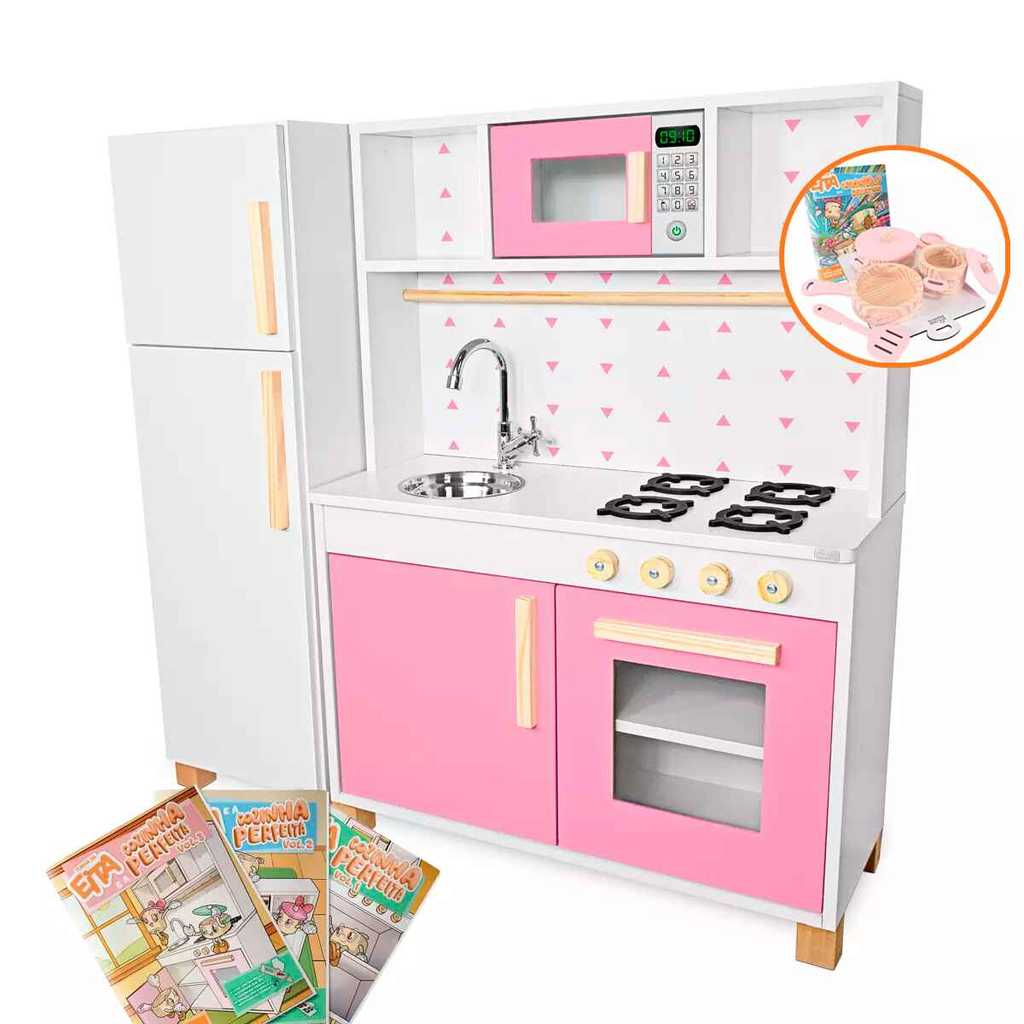 Imagem Cozinha Infantil Geladeira Panelinhas Brinquedo Madeira Panelinha Rosa Bebê Faz de Conta Chef Lúdico Kit Livro Educativo