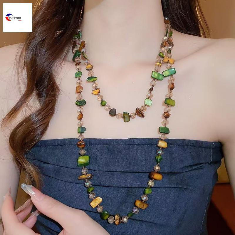 Colar Longo de Cristal Boêmio - Colar Vintage de Múltiplas Camadas com Pedras Naturais Coloridas Irregulares