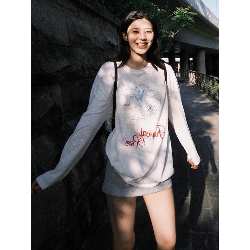 Fino floco de neve algodão protetor solar blusa feminina outono estilo coreano impresso topo solto preguiçoso Casual em 