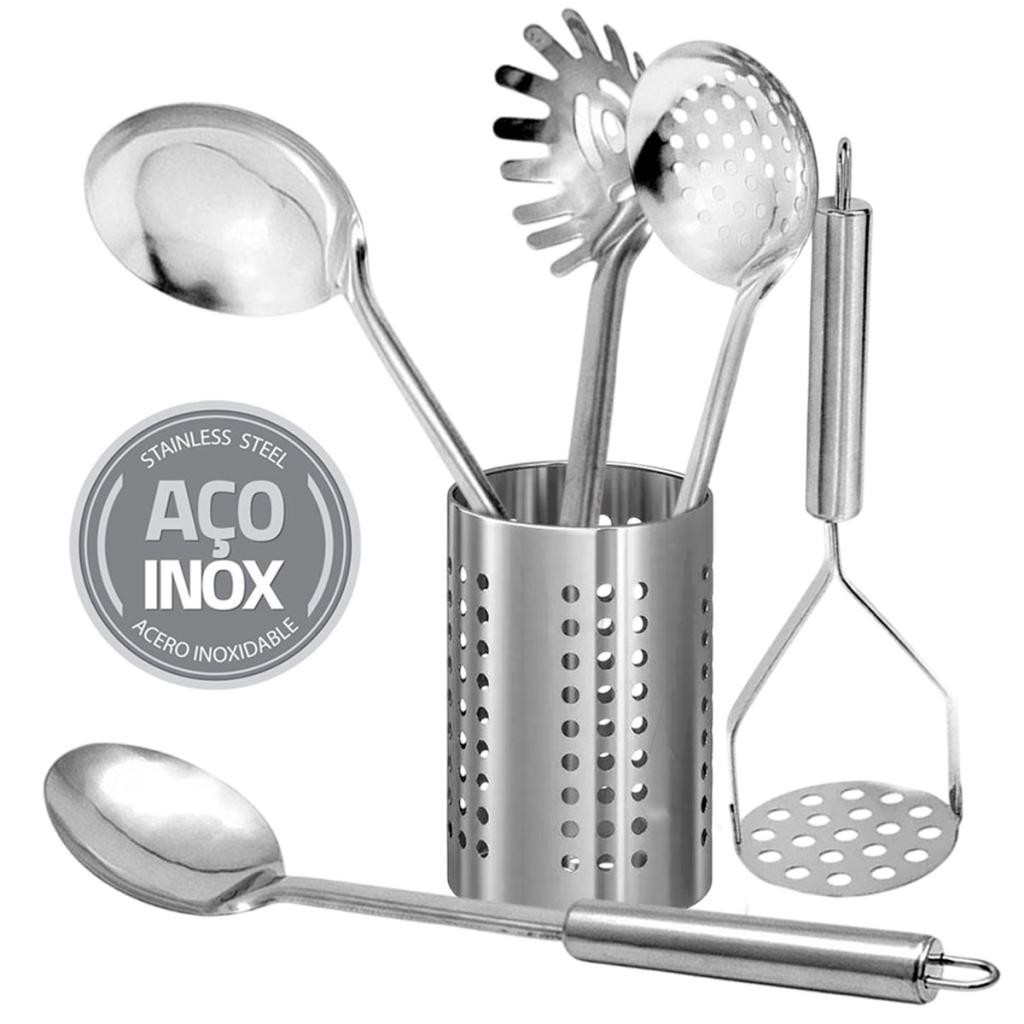 Conjunto de Utensílios em Aço Inox 5pçs com Suporte de Talheres Em Aço Inox em Oferta na Shopee