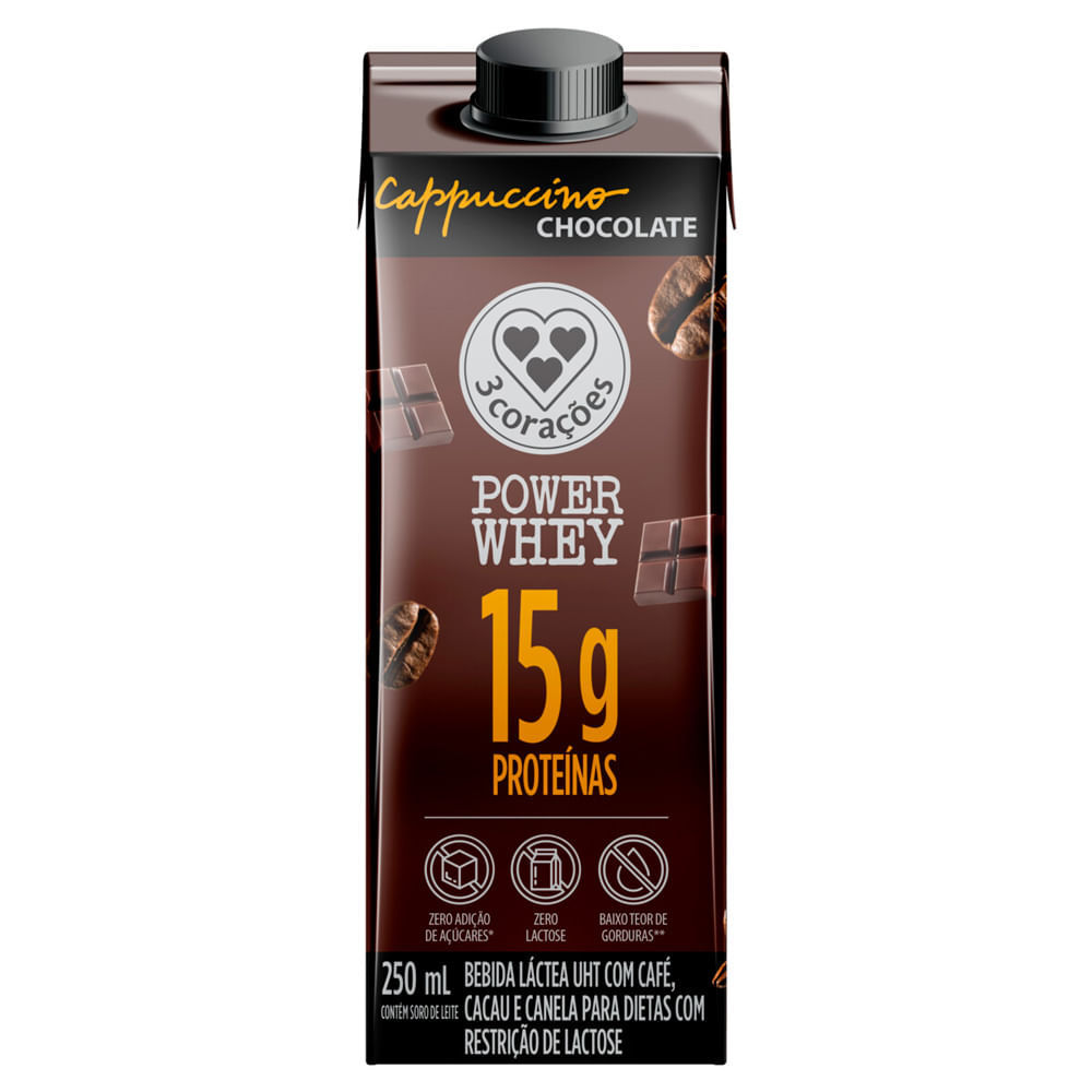Bebida Láctea 3 Corações Power Whey com 15g de Proteína Cappuccino Chocolate 250ml Bebida Láctea 3 Corações Power Whey com 15g de Proteína Cappuccino Chocolate 250ml