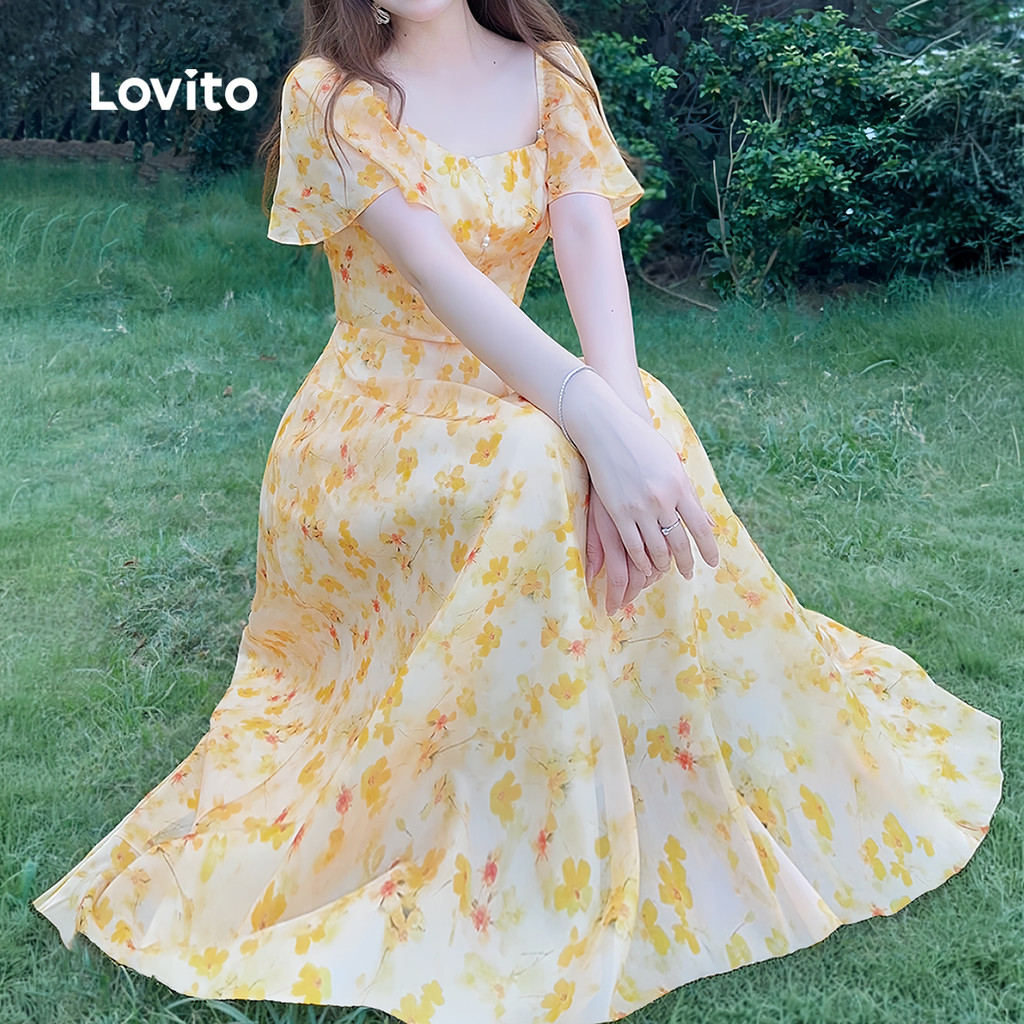 Lovito Vestido Feminino com Botões Amarelo Verão Primavera L183ED1073 · foto 2