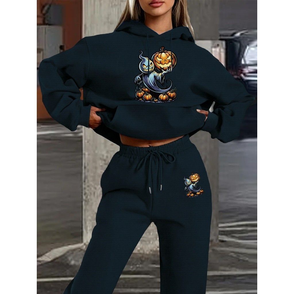 Novo Conjunto Casual de Outono/Inverno 2025, Monstro Abóbora: Moletom com Capuz e  Manga Longa Solto + Calça Jogger