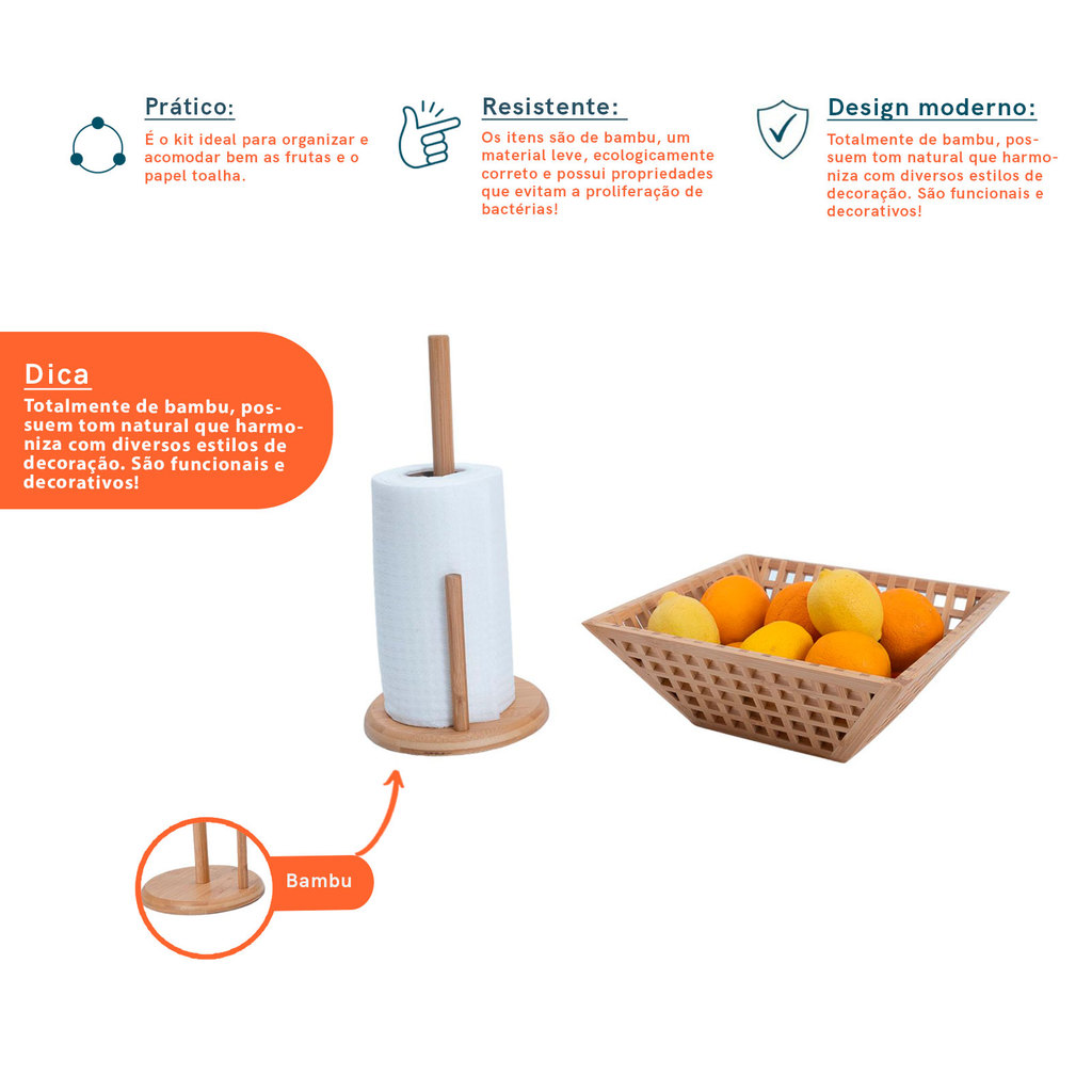 Kit com Fruteira Vazada de Bambu E Porta Papel Toalha de Bambu - Oikos — imagem 2 de 2