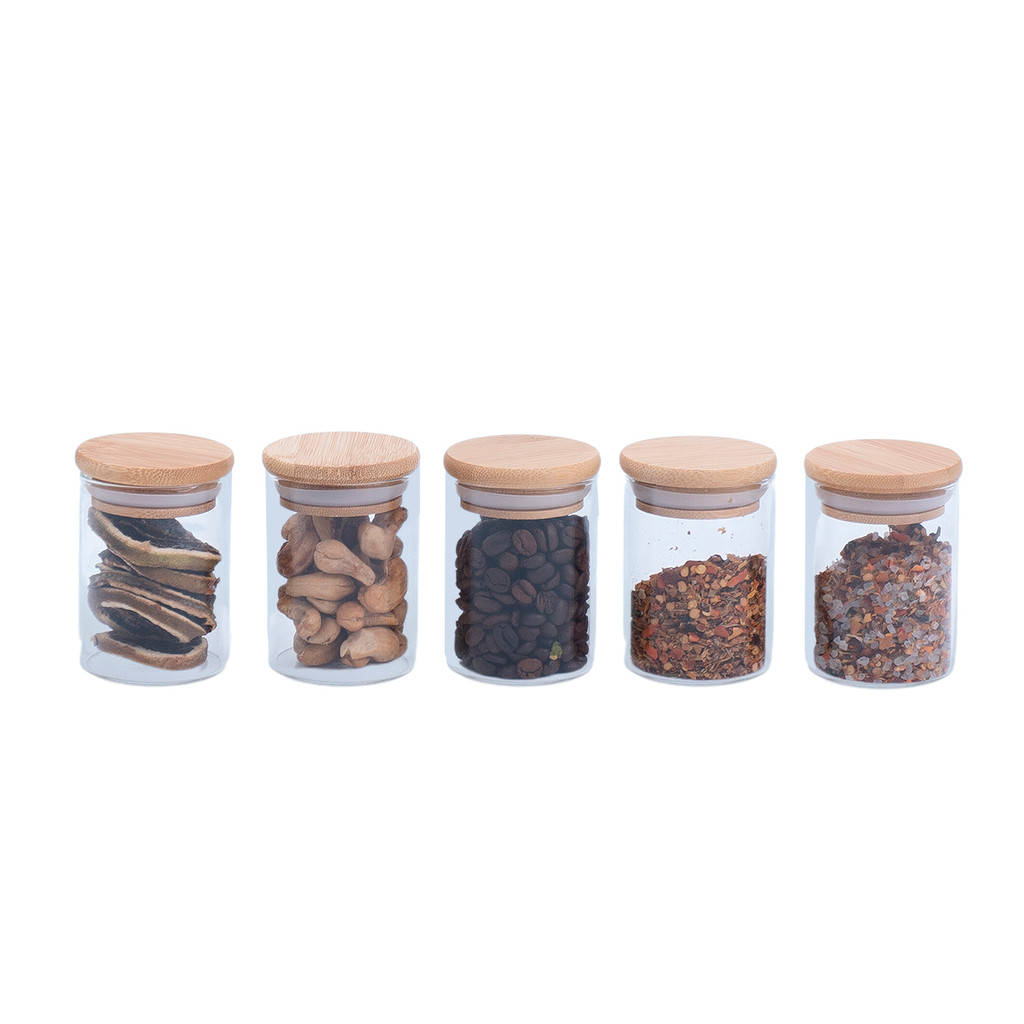 Kit 5 potes de vidro herméticos com tampa de bambu 110ml - Oikos