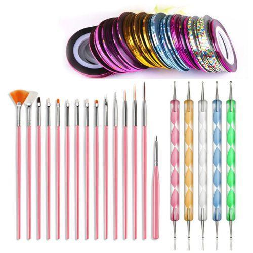 Kit Unhas 15 Pincéis + 10 Boleadores + 10 Fitas Metalizadas Nail Art Decoração