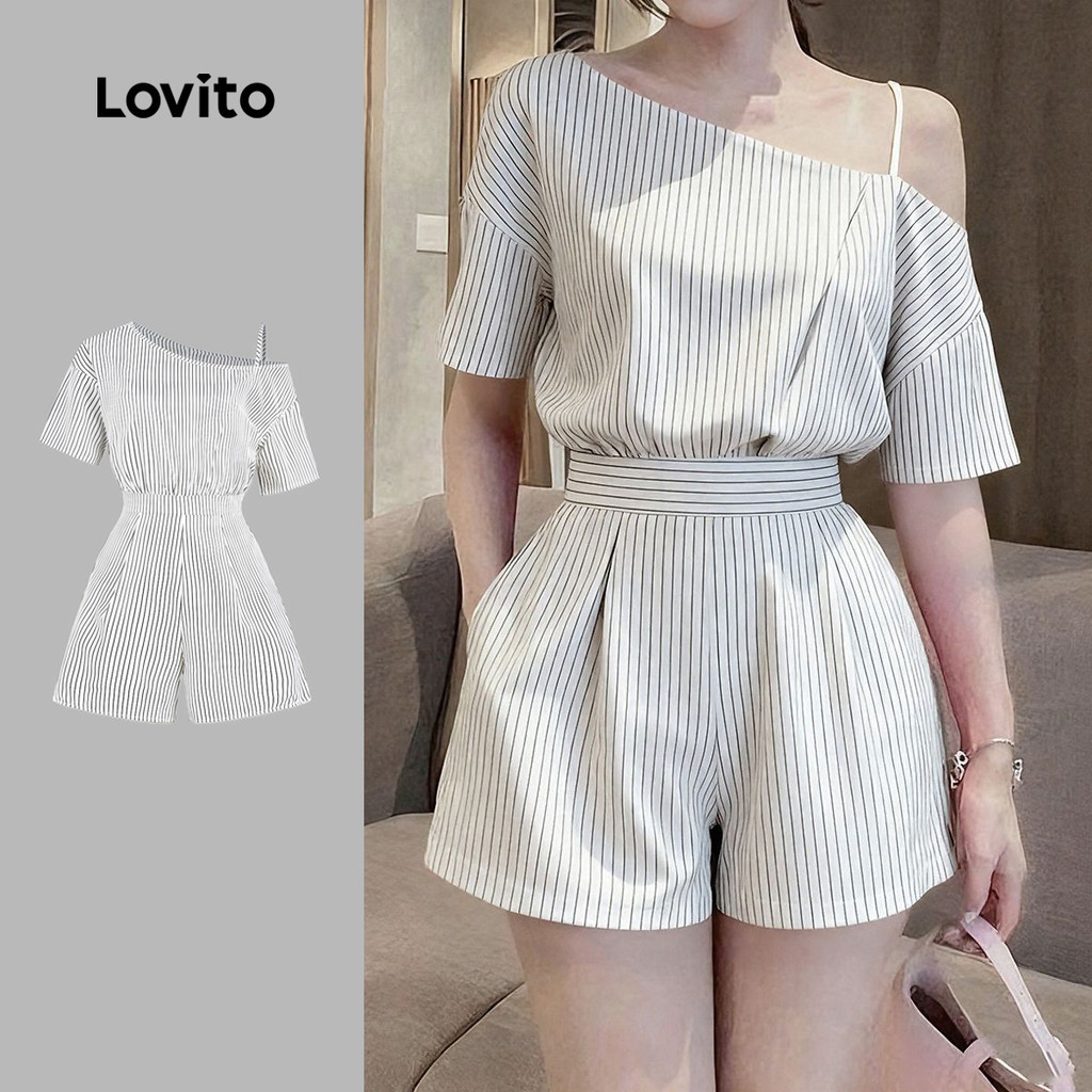 Lovito Macacão Casual Assimétrico Primavera/verão Preto e Branco para Mulheres L158ED1250