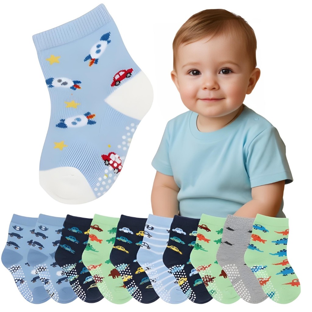 Meia Infantil Menino Kit até 24 Pares Antiderrapante Algodão Bebê RN Estampas Coloridas em Oferta na Shopee