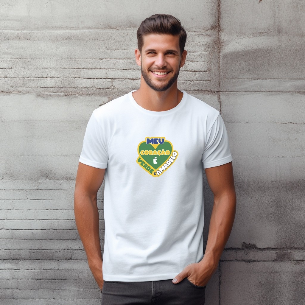 Camiseta Masculina Estampada Brasil Copa do Mundo Futebol Meu Coração é Verde e Amarelo 100% Algodão