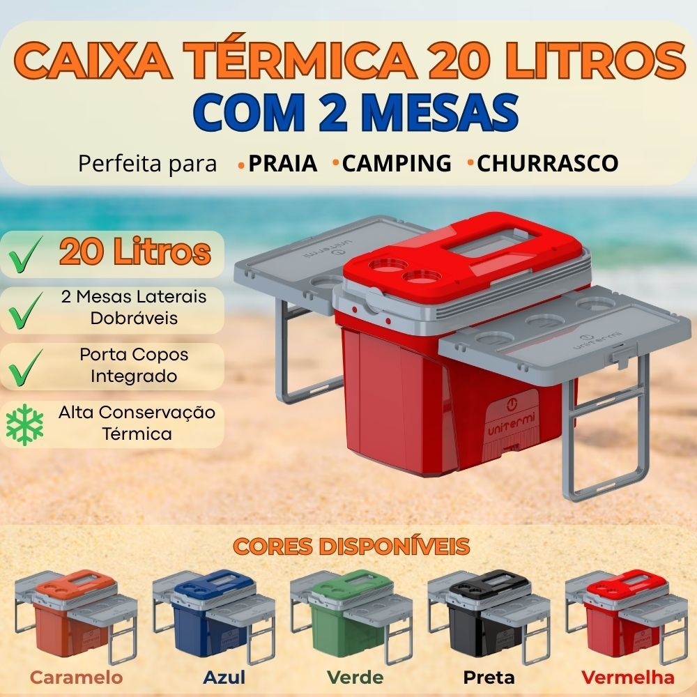Caixa Térmica Cooler Camping Praia Churrasco Eco Com 2 Mesas 20 Litros Jurerê Unitermi