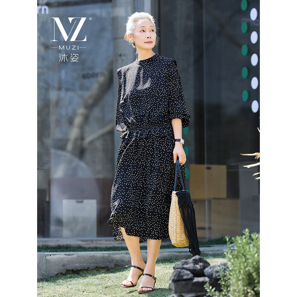 Muzi Roupas para mães de meia-idade Primavera Outono Roupas Vestido de Chiffon Roupas femininas idosas de meia-idade Rou