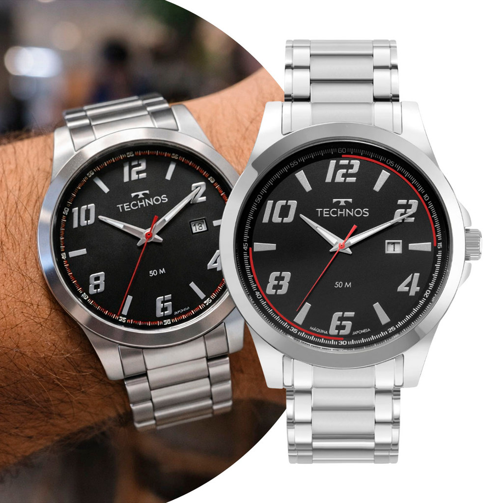 Relógio Masculino Analógico de Pulso Pulseira de Aço Inoxidável Prata Preto à Prova D Água Casual Social Luxo Technos