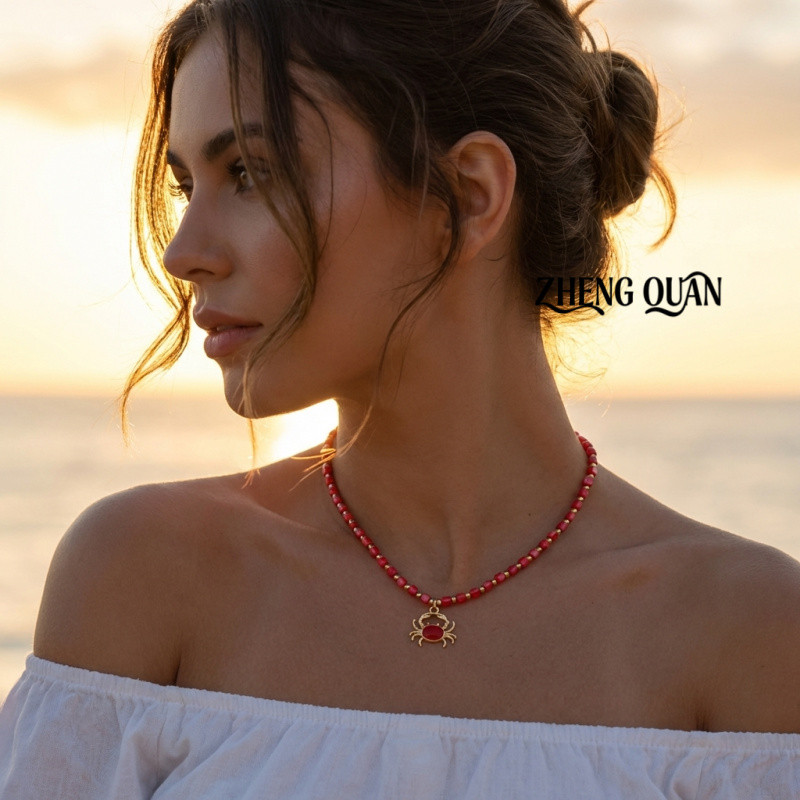 Colar Boho com Pérolas Vermelhas, Choker com Pingente de Caranguejo Dourado, Colares para Uso em Resorts de Verão Tropic
