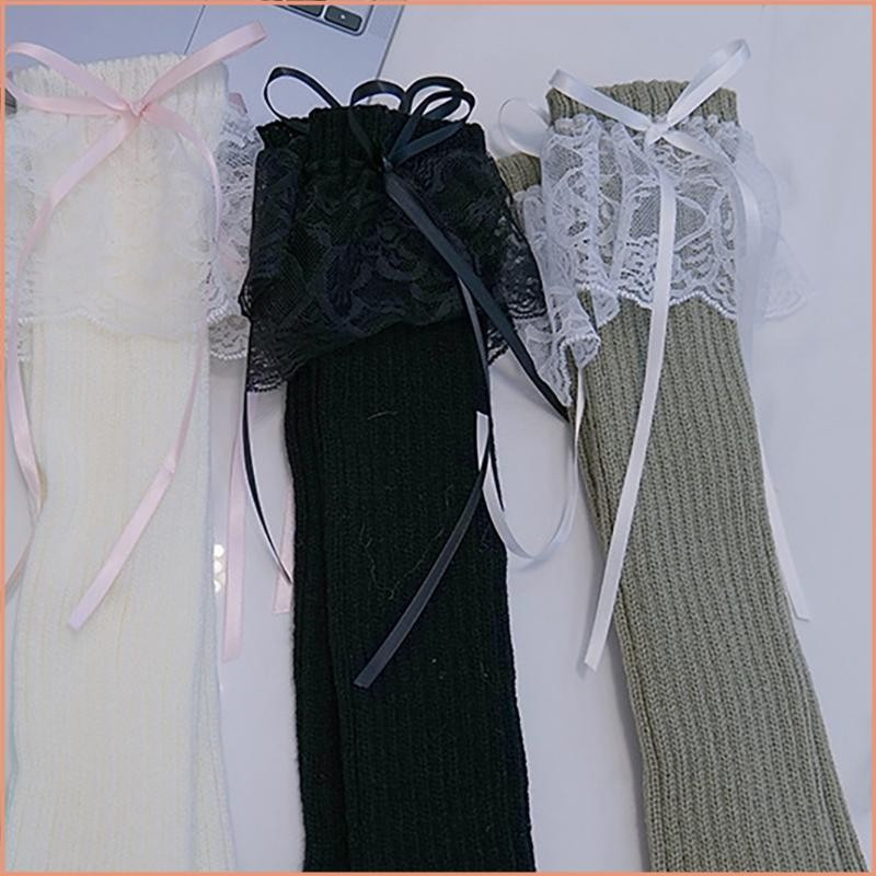 Yao Leg Cover Meias Longas Femininas Japonesas Malha Canelada Renda E Laço Polainas
