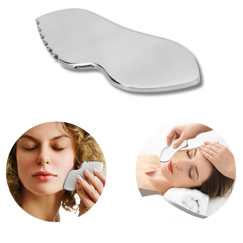 Placa de Massagem Facial Gua Sha Massageador Rosto e Corpo em Aço Inox Profissional