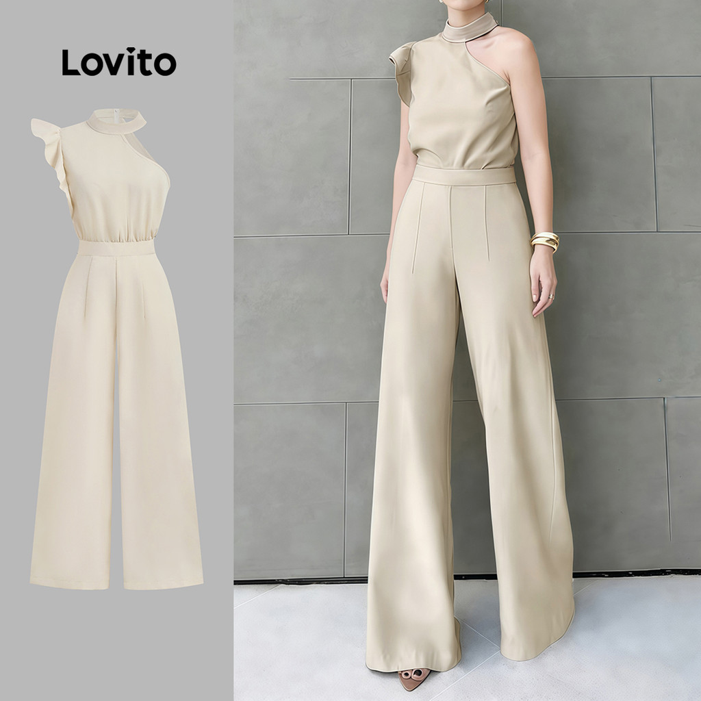 Lovito Elegante Macacão Assimétrico Babado Lazer Primavera/verão Macacão Damasco