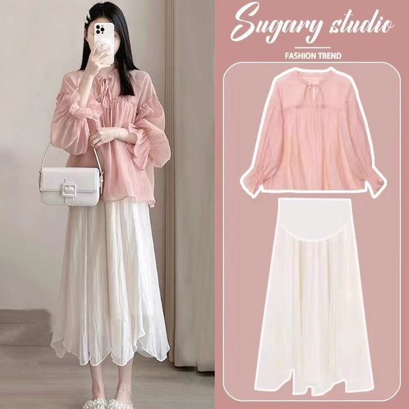 Vestido de maternidade terno elegante primavera camisa francesa Chiffon saia superior terno de duas peças 3.22