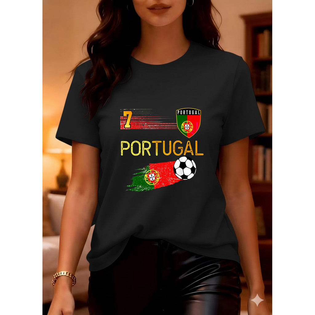 Camiseta Unissex Oversized Plus Size Feminina Masculina Camisa Do Futebol Portugal Número 7, Com Emblema E Bola
