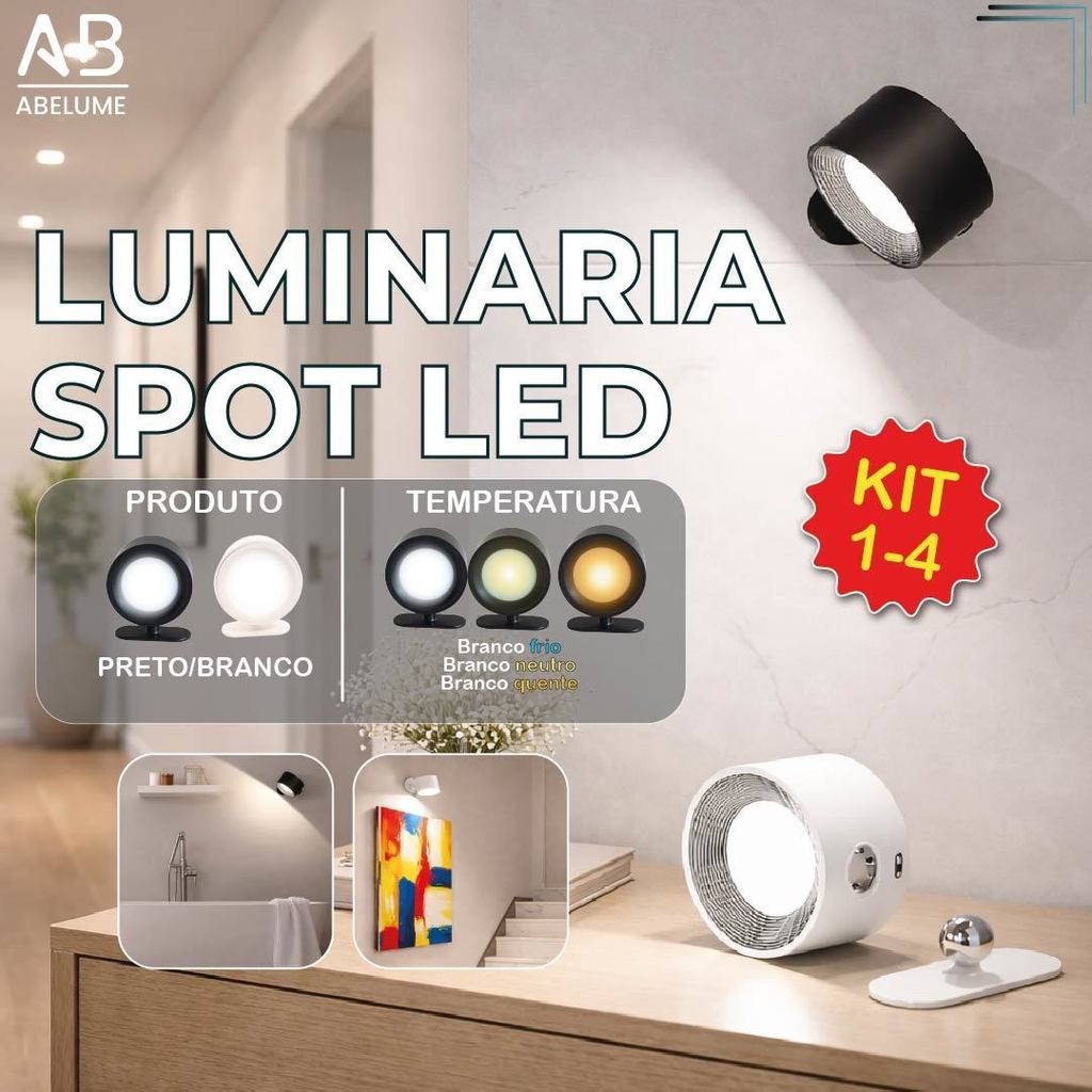Luminária Spot Led 8W Arandela Cabeceira Luz de Parede 3 Tons de Luz Recarregável USB