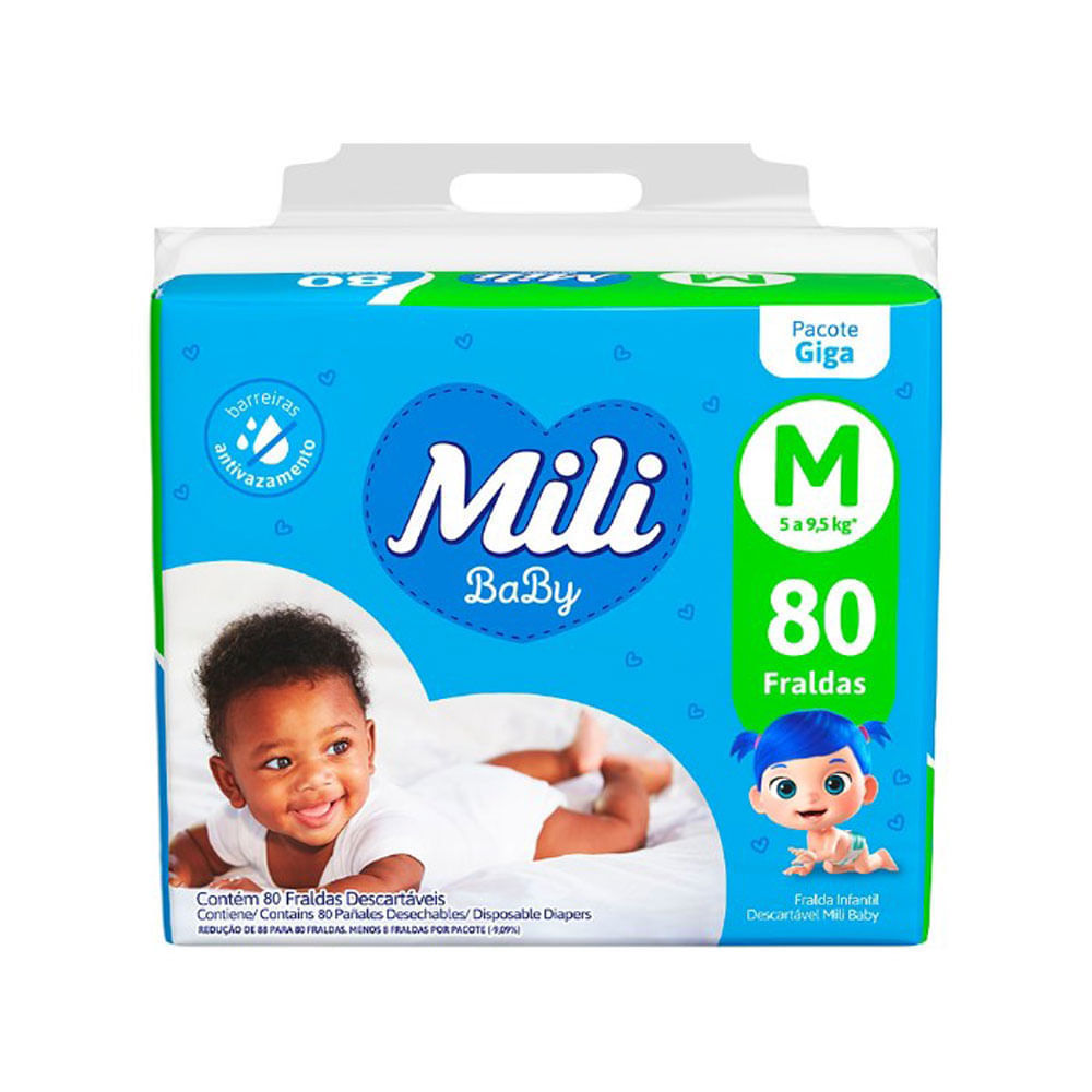 Fralda Mili Baby Tamanho M Pacote Giga 80 Unidades Descartáveis