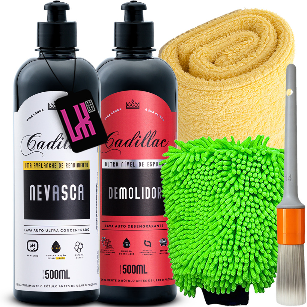 Kit Demolidor Nevasca Cadillac Shampoo Automotivo Neutro Desengraxante Pre Lavagem Tira Barro Luva