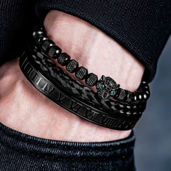 Conjunto De 3 Peças De Pulseiras Masculinas Clássicas Tecidas À Mão Estilo hip-hop , Com Cabeça De Leopardo Cravejada De