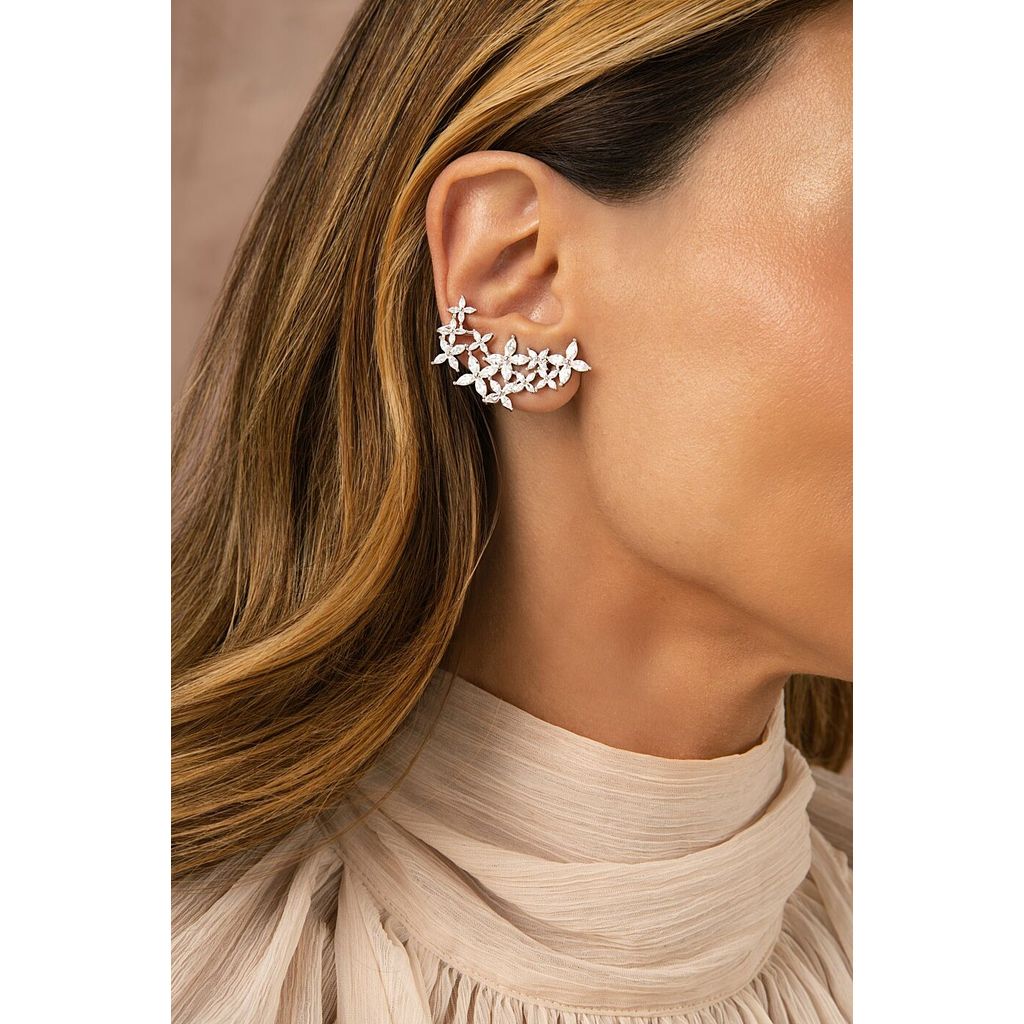Brinco Earcuff Flores Navetes com Zircônias Brancas - Banho de Ródio Branco
