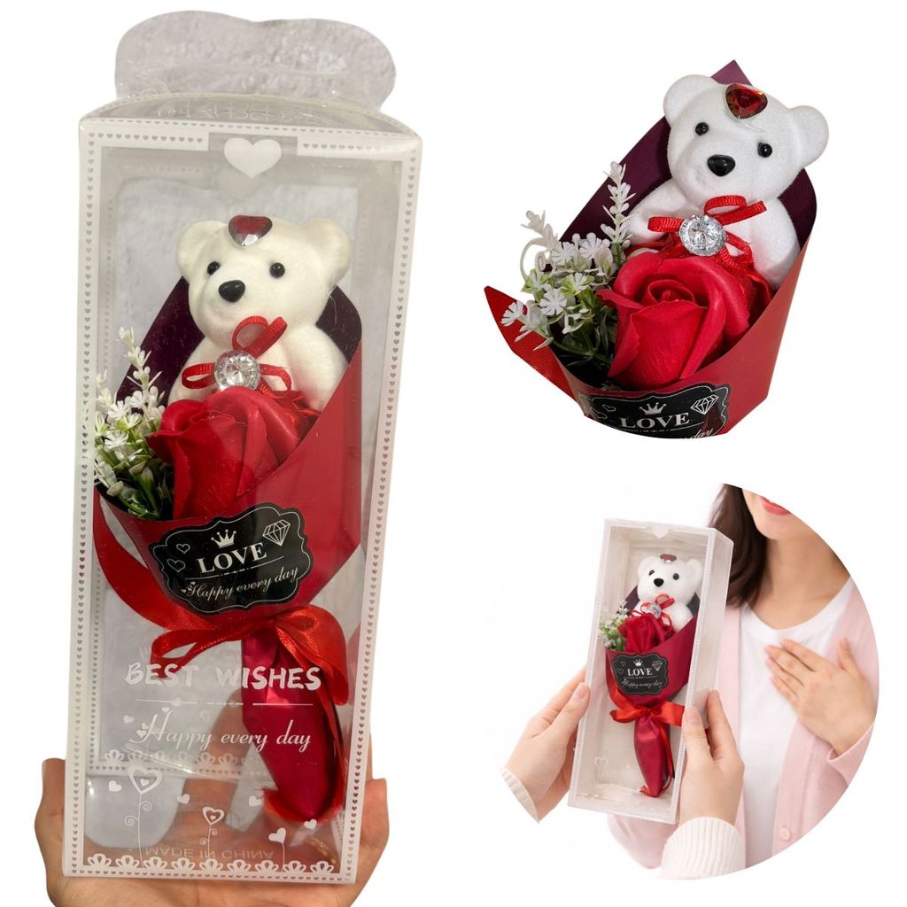 Buquê de Flores Artificiais na Caixinha Presente com Ursinho Para Dia dos Namorados com Perfume