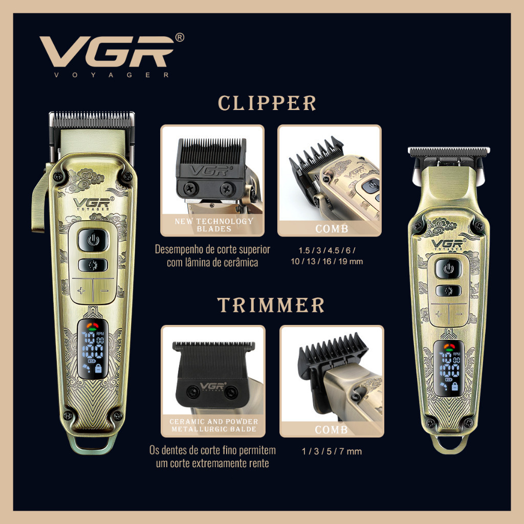 Maquina de Cabelo Display LED 5500-7000 RPM USB VGR OI VIDA OIV-643