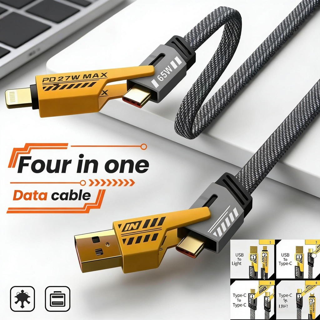 Cabo De Dados Amarelo 4 Em 1 De Carregamento Rápido 65 W Para USB/Tipo C Type iOS 1.2M Cabos Confi
