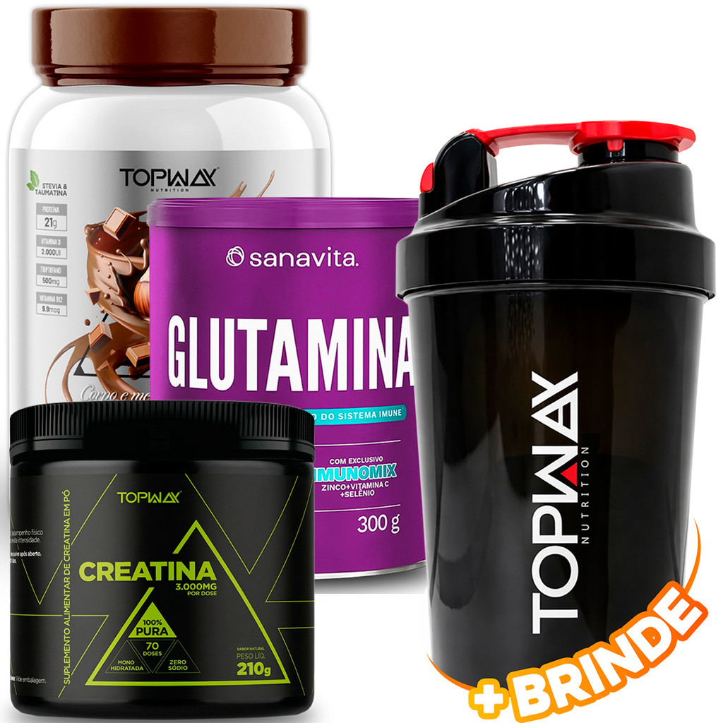TopWay Whey Protein 100% 900g Chocolate Com Avela + Sanavita Glutamina em Pó + Creatina em Pó 210g