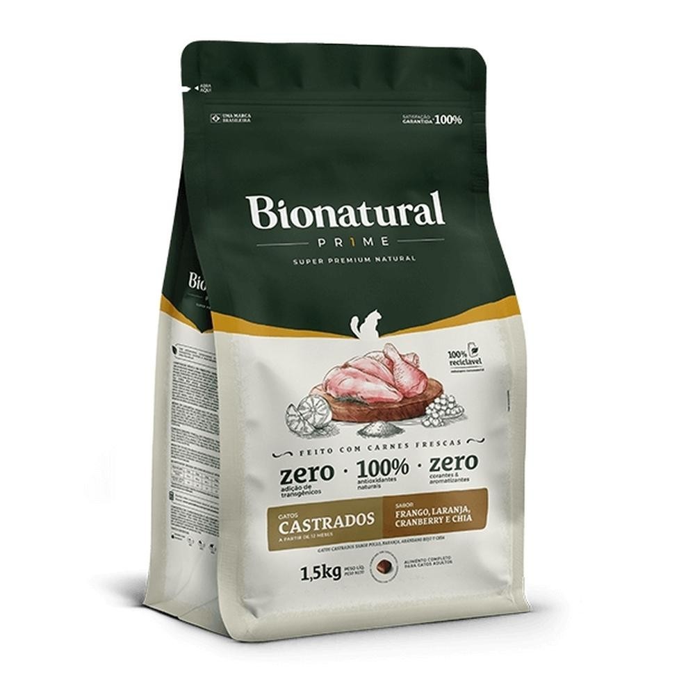 Ração Gato Bionatural Prime 1,5Kg Castrados Frango, Laranja, Cranberry e Chia em Oferta na Shopee