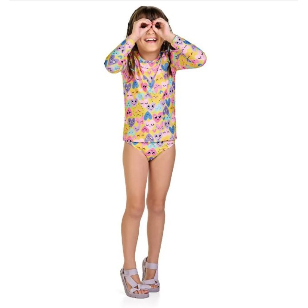Conjunto Praia UV Estampado Infantil Menina Manga Longa Tecido Respirável Moda Infantil