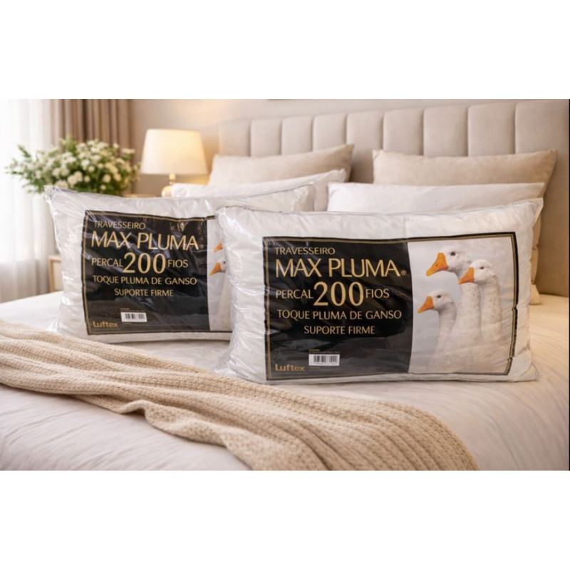 Kit 2 Travesseiros Max Pluma Algodão 200 Fios 70 x 50 Suporte Firme