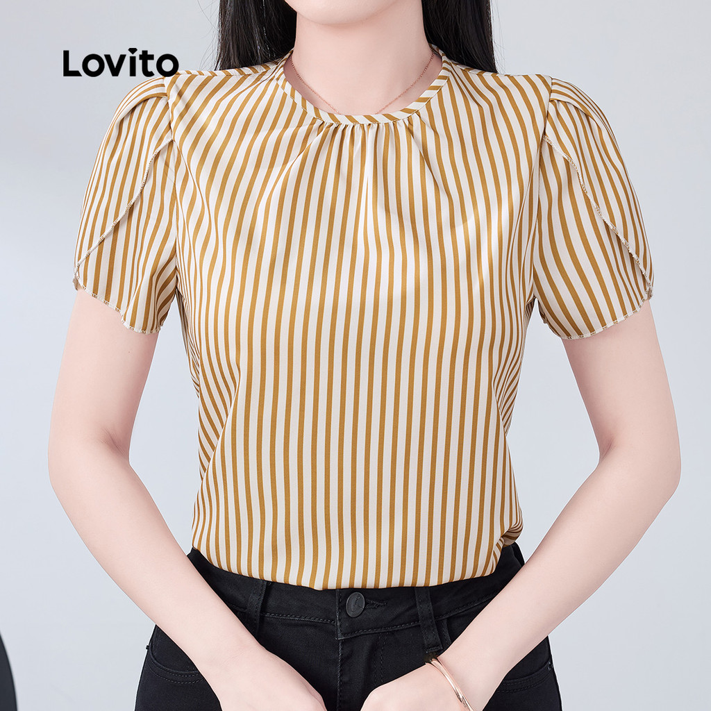 Lovito  Blusa Elegante Plissada Primavera/verão Blusa Cáqui para Mulheres L172ED007 em Oferta na Shopee