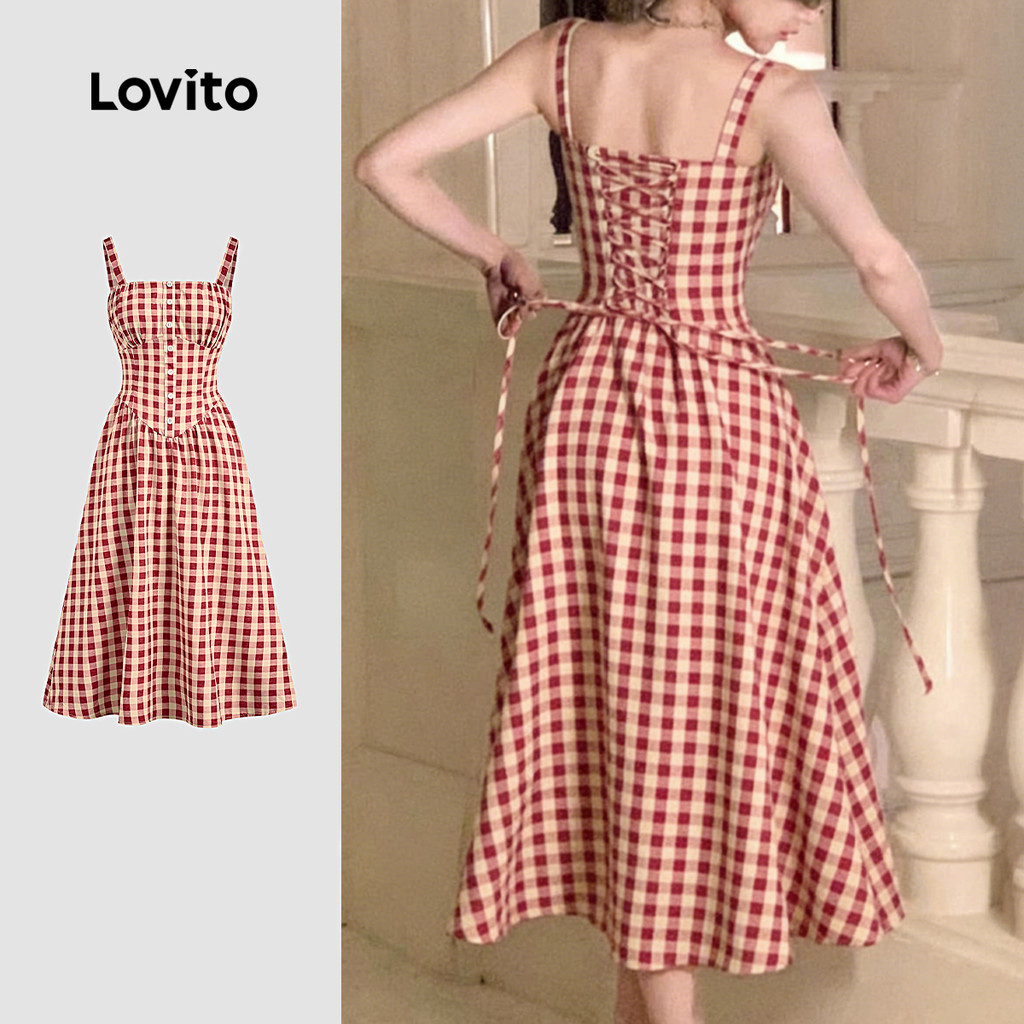 Lovito Vestido Casual com amarração nas costas e botão drapeado vestido vermelho primavera/verão para mulheres L173AD228 em Oferta na Shopee