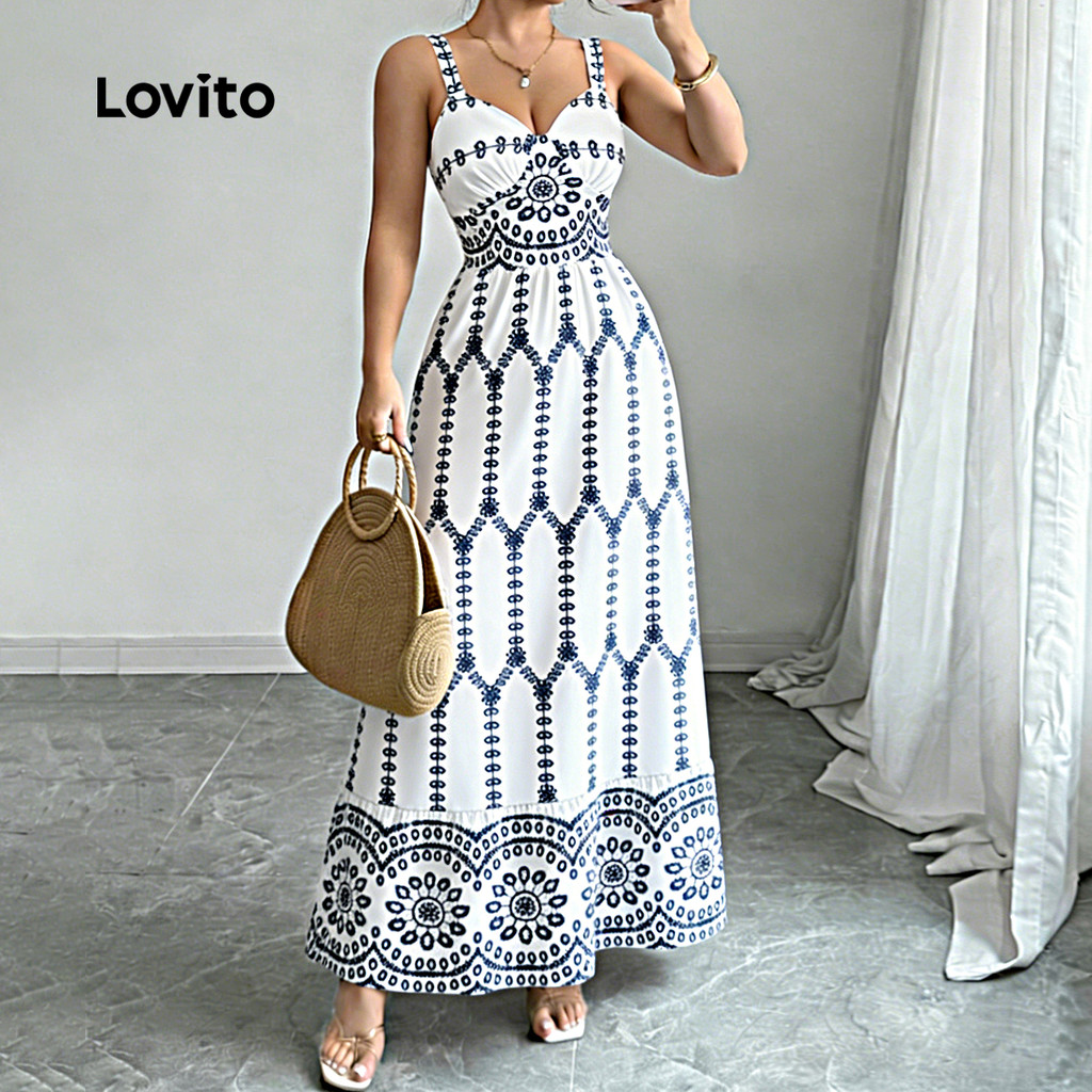 Lovito Vestido Longo Étnico Estampado Boho Zíper Azul Primavera/Verão para Mulheres LBL32064 em Oferta na Shopee