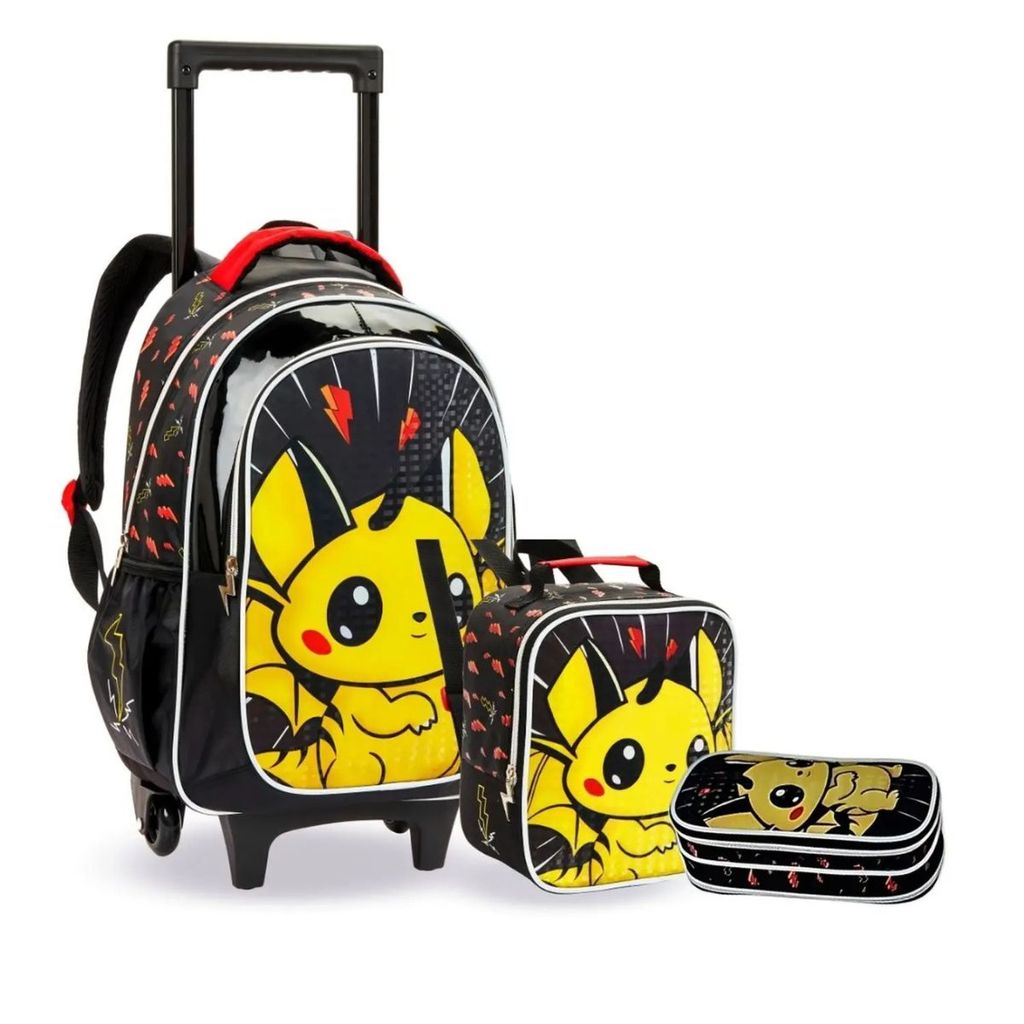 Kit Mochila Rodinhas Lancheira Infantil Pikachu Pokémon Escolar Estojo Denlex