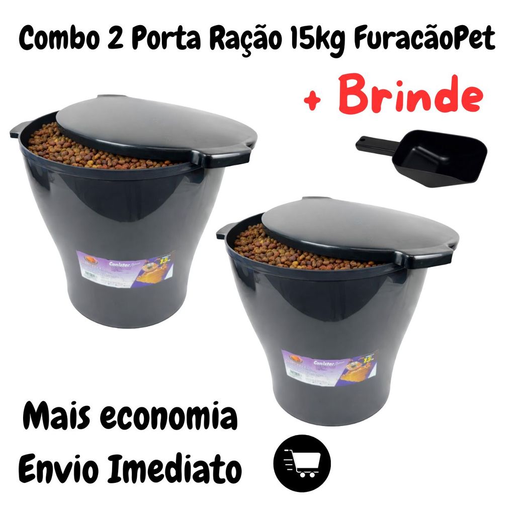 Kit com 2 Porta Ração Pote 15kg + Brinde Tampa Vedada Antiformiga 24h Cor Preto Liso Furacãopet em Oferta na Shopee