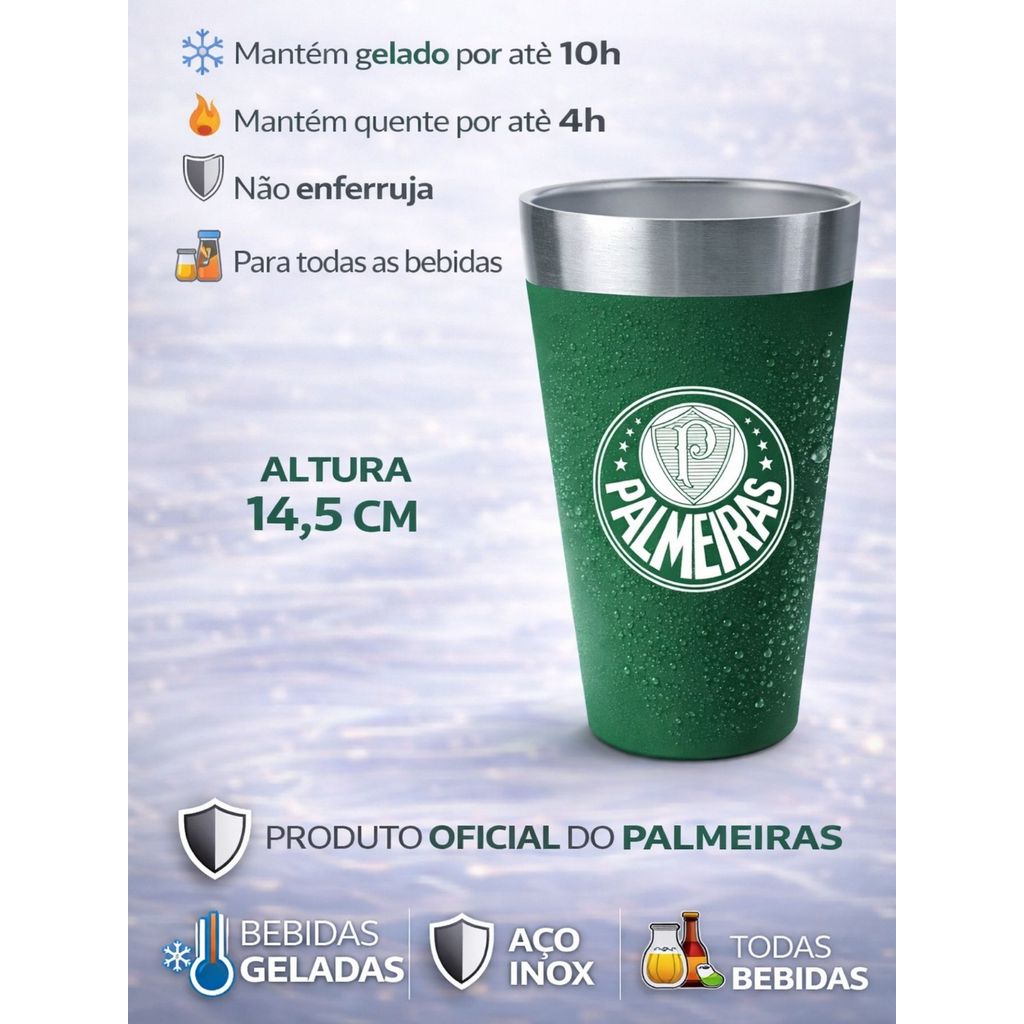 Copo Oficial Palmeiras Térmico Stone Inox 473ml Cerveja Chopp Time Presente Verde Gelado Congelante