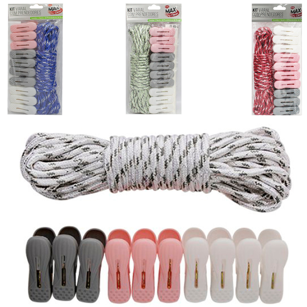 KIT VARAL PRENDEDOR  C/10 PC 6X1,9CM + CORDA MESCLADA DE VARAL 10 MTS - COR SORTIDA