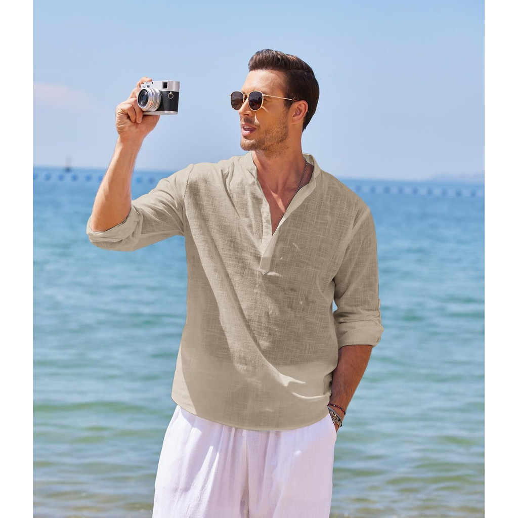 Camisa Masculina Linho Algodão Manga Comprida Confortável Respirável para Uso Diário e Passeios DAN