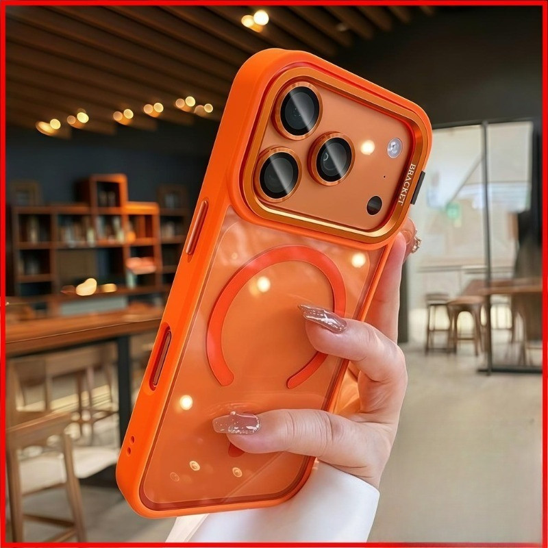 Capa Para De Telefone Magnética Com Suporte De Lente Sensível À Pele Laranja Iphone 17 16 15 14 13 12 11 Pro Max