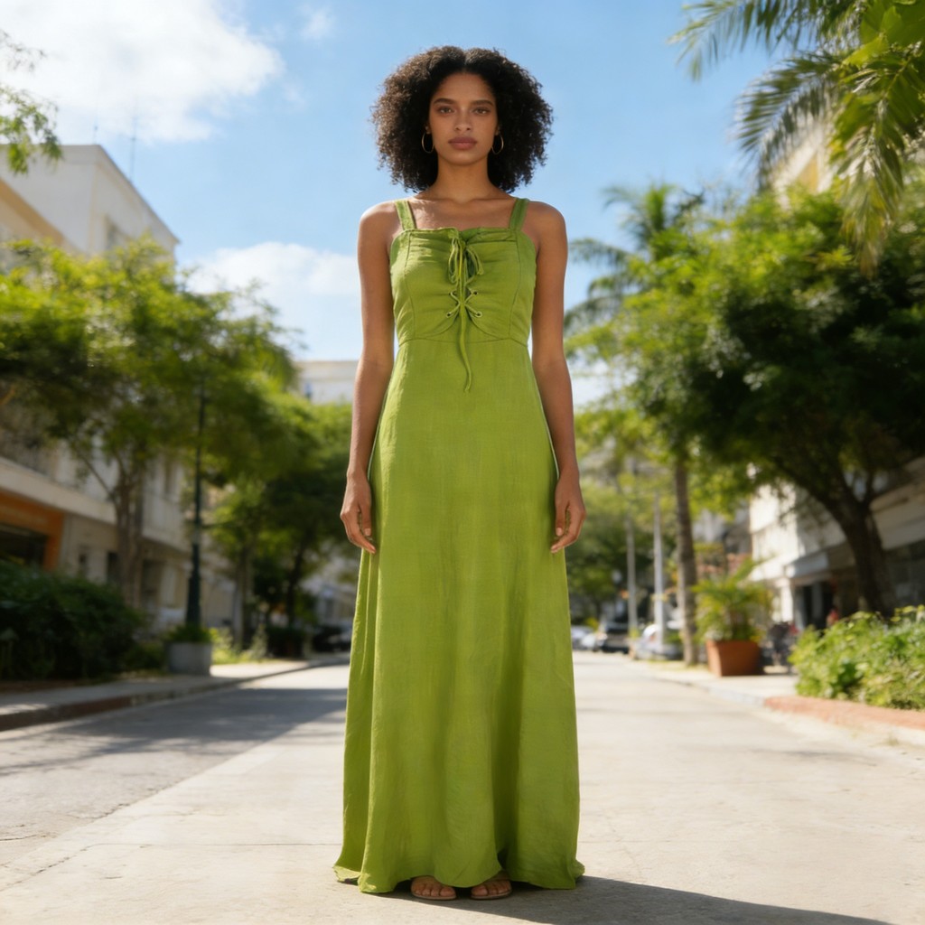 Vestido Longo Feminina com Tirantes e Detalhe de Amarração no Decote 65108