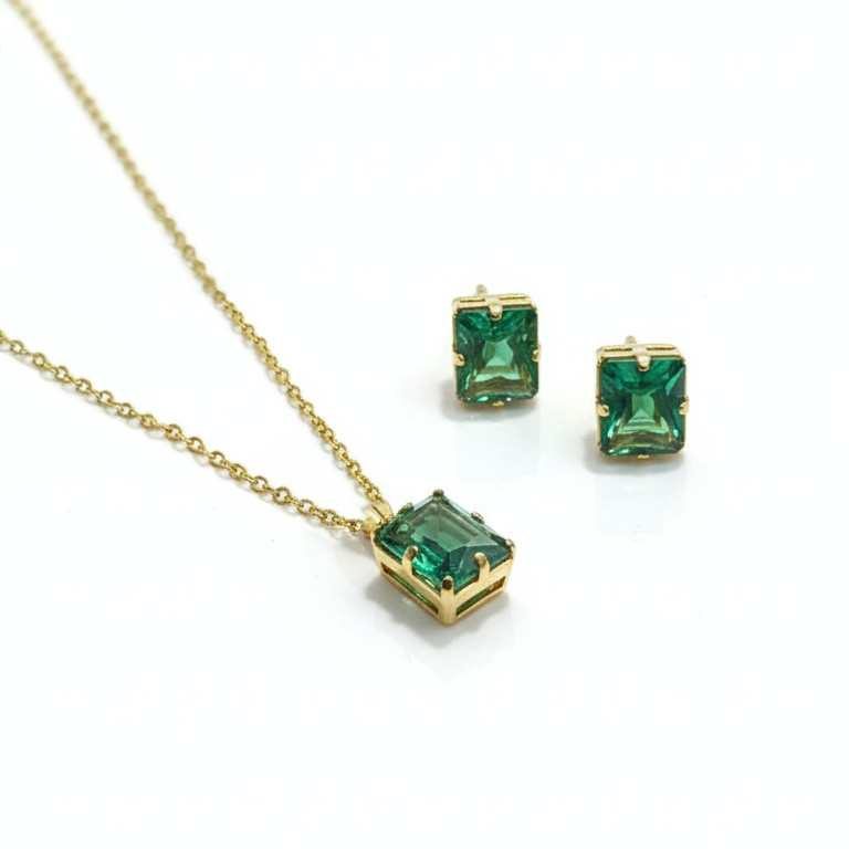 Conjunto Brinco e Colar Esmeralda Banhado em Ouro 18K | Feminino | Antialérgico | Semijoia | LABRILHO Joias